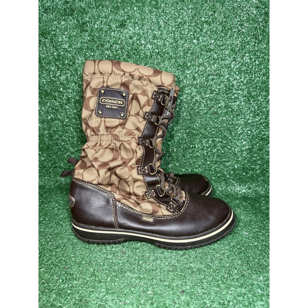 Coach Women Size 5 Shaine Rain Boots Lace Up Beige Signature Logo Faux Fur Lined